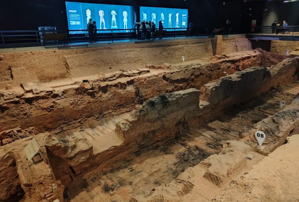 Burned wooden remains and ash layers in the pit